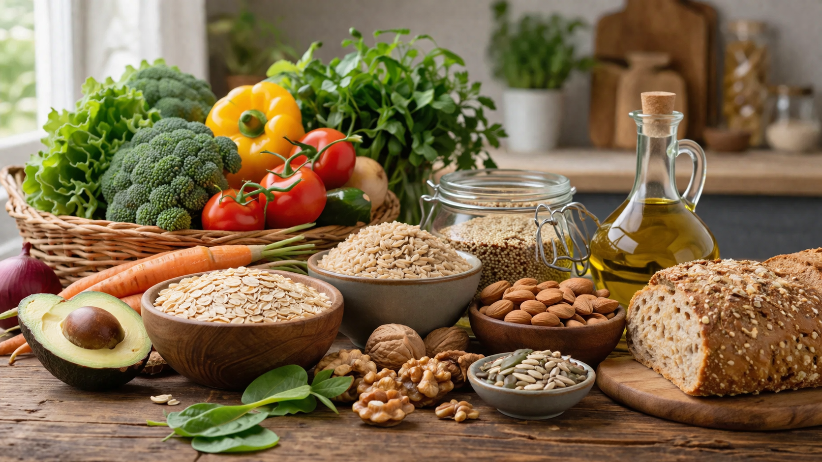 fresh vegetables, whole grains, nuts and natural oils arranged on a wooden kitchen table, soft natural lighting, clean and healthy food composition