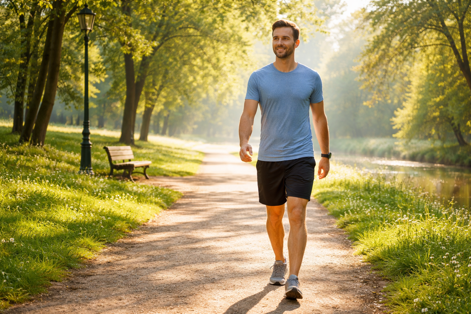 Man walking in a peaceful park during morning hours, natural sunlight, healthy lifestyle activity, calm and serene atmosphere